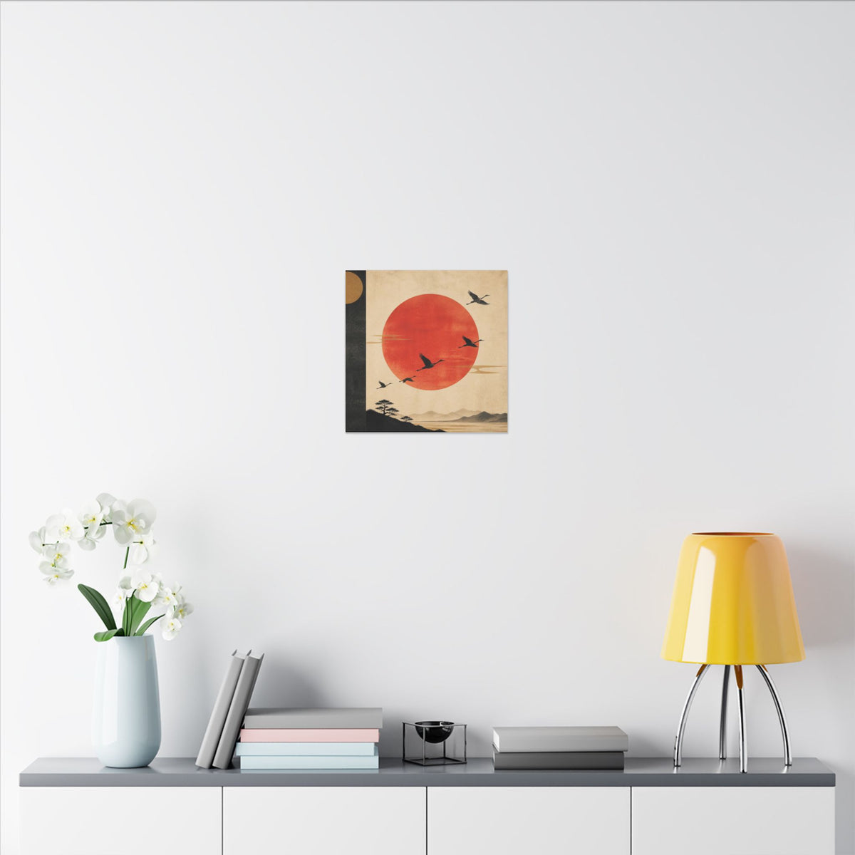 Zen Sunrise Canvas Wall Art — Red Sun with Flying Cranes, Japanese Landscape