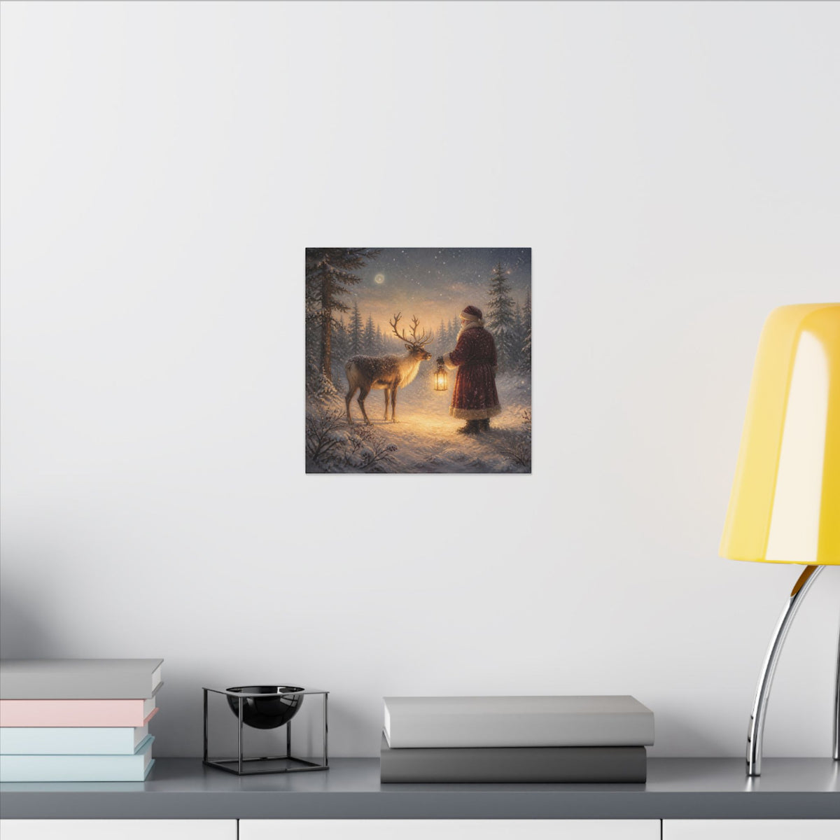 Christmas Canvas Art - Santa with Lantern & Reindeer Matte Stretched Wall Decor