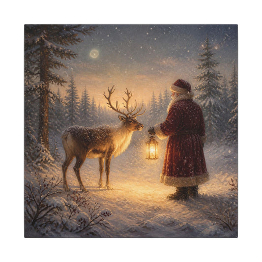 Christmas Canvas Art - Santa with Lantern & Reindeer Matte Stretched Wall Decor