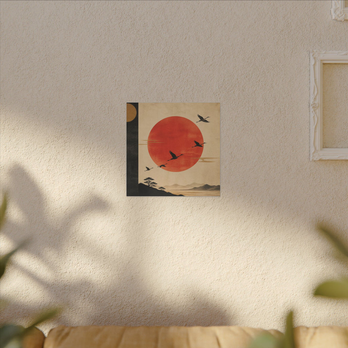 Zen Sunrise Canvas Wall Art — Red Sun with Flying Cranes, Japanese Landscape