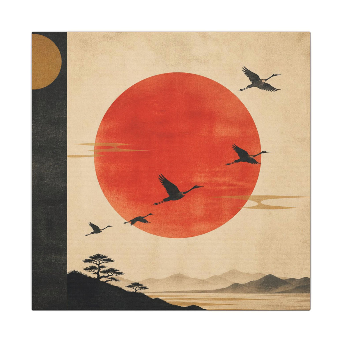 Zen Sunrise Canvas Wall Art — Red Sun with Flying Cranes, Japanese Landscape