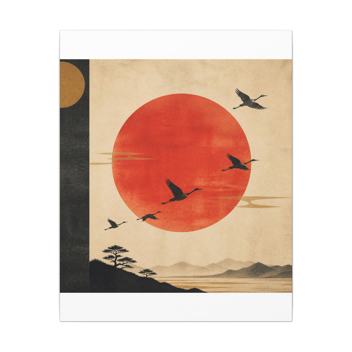 Zen Sunrise Canvas Wall Art — Red Sun with Flying Cranes, Japanese Landscape