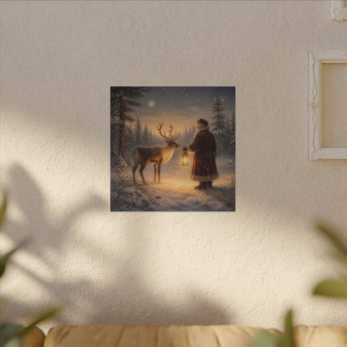 Christmas Canvas Art - Santa with Lantern & Reindeer Matte Stretched Wall Decor
