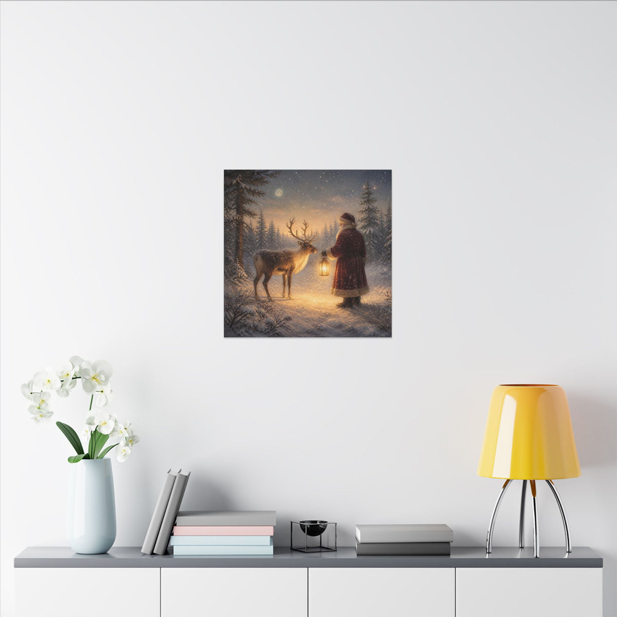 Christmas Canvas Art - Santa with Lantern & Reindeer Matte Stretched Wall Decor