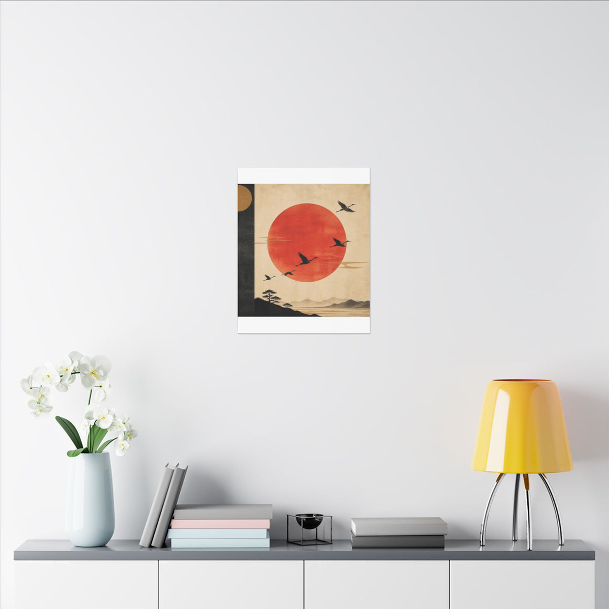 Zen Sunrise Canvas Wall Art — Red Sun with Flying Cranes, Japanese Landscape