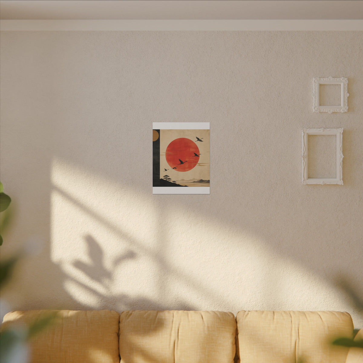 Zen Sunrise Canvas Wall Art — Red Sun with Flying Cranes, Japanese Landscape