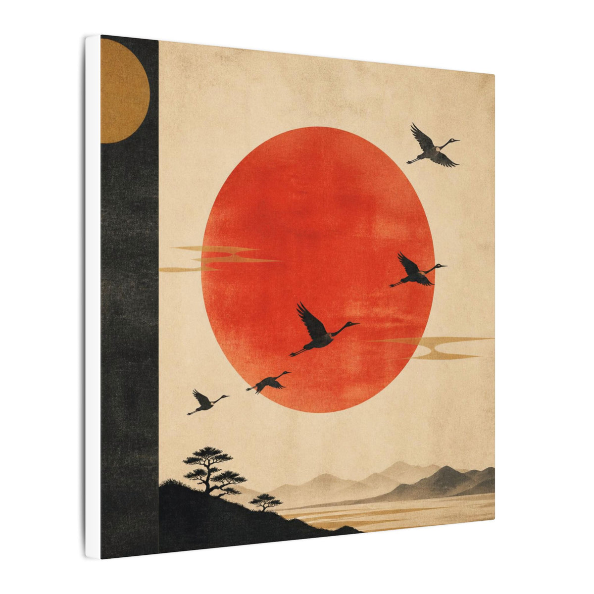 Zen Sunrise Canvas Wall Art — Red Sun with Flying Cranes, Japanese Landscape
