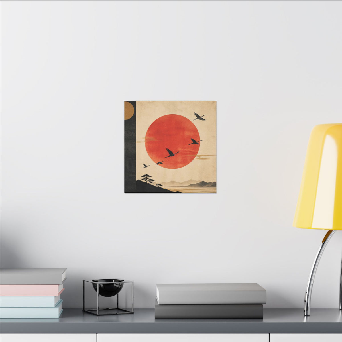 Zen Sunrise Canvas Wall Art — Red Sun with Flying Cranes, Japanese Landscape