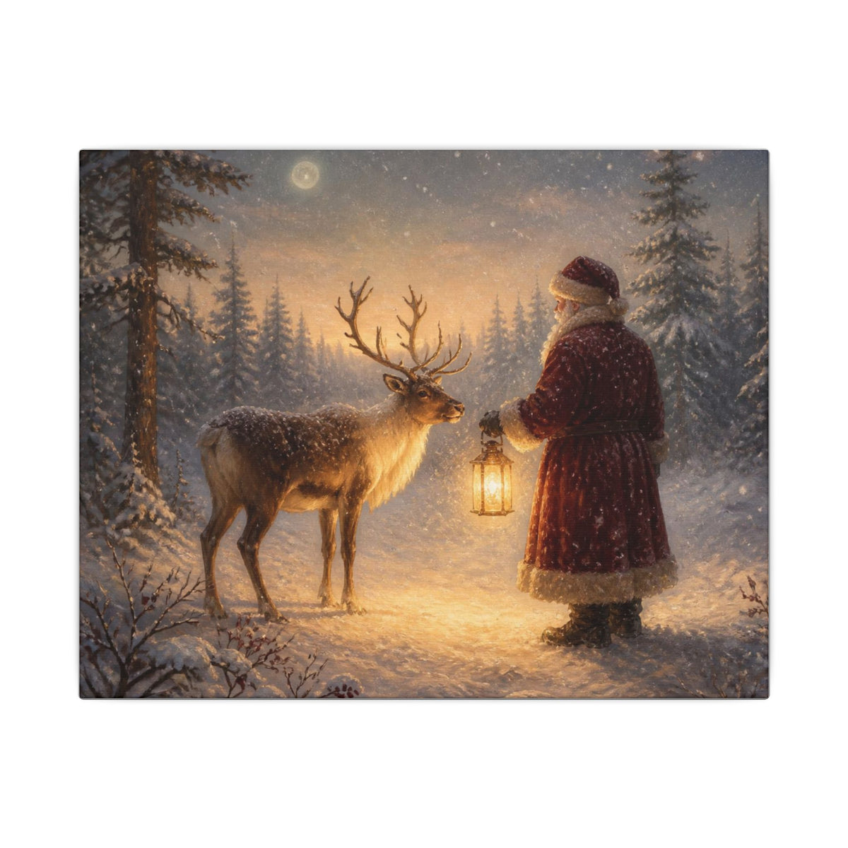 Christmas Canvas Art - Santa with Lantern & Reindeer Matte Stretched Wall Decor