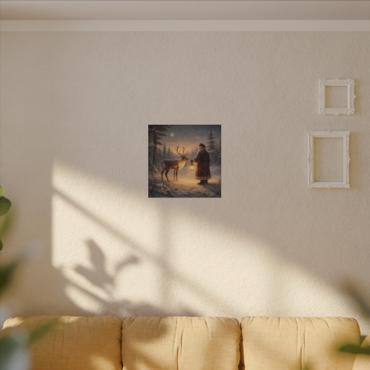 Christmas Canvas Art - Santa with Lantern & Reindeer Matte Stretched Wall Decor