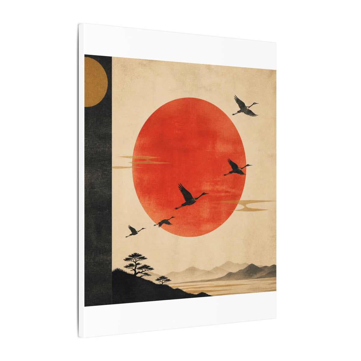 Zen Sunrise Canvas Wall Art — Red Sun with Flying Cranes, Japanese Landscape