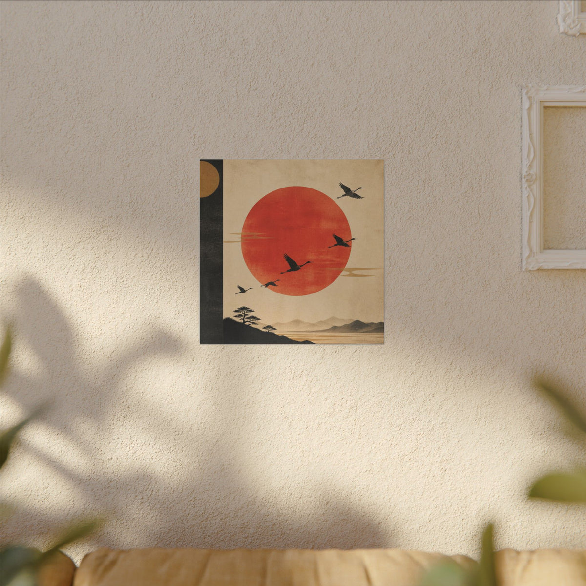 Zen Sunrise Canvas Wall Art — Red Sun with Flying Cranes, Japanese Landscape