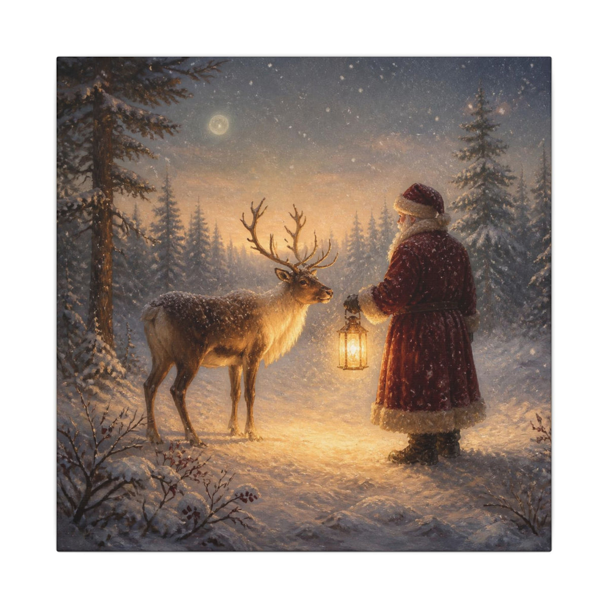 Christmas Canvas Art - Santa with Lantern & Reindeer Matte Stretched Wall Decor