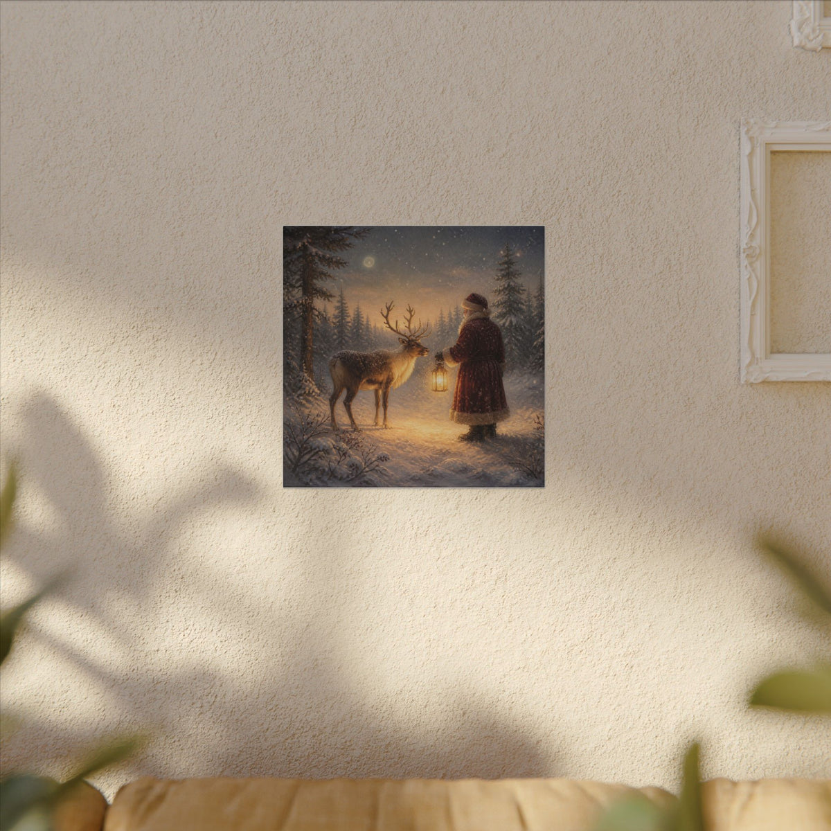 Christmas Canvas Art - Santa with Lantern & Reindeer Matte Stretched Wall Decor