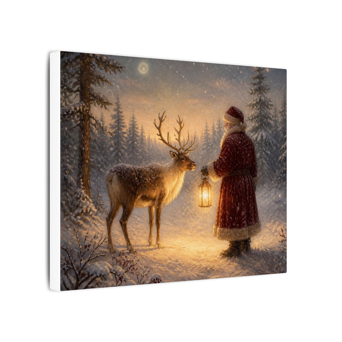 Christmas Canvas Art - Santa with Lantern & Reindeer Matte Stretched Wall Decor